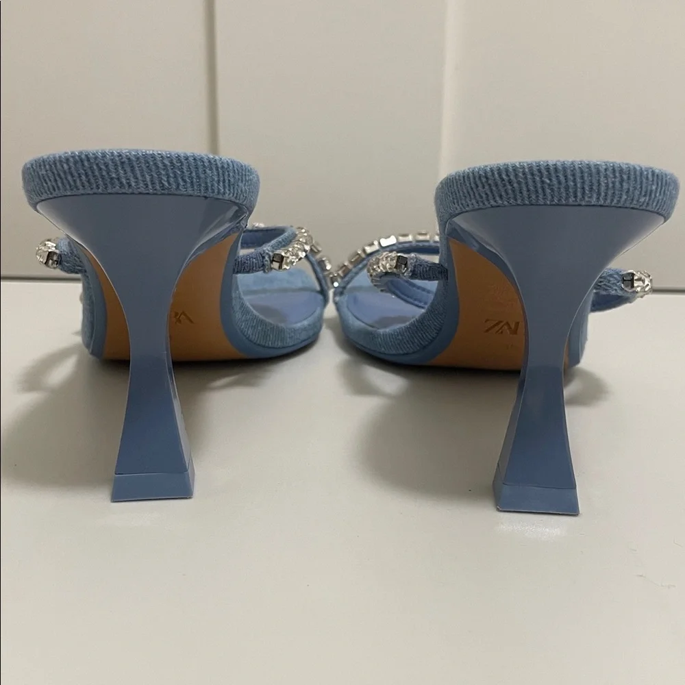 ZARA Light Blue Denim Rhinestone Heeled Sandals EU 35 - Picture 5 of 9